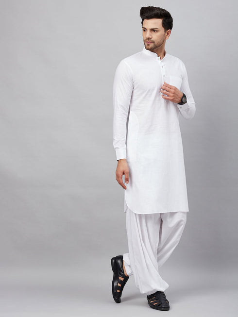 Men's White Cotton Blend Pathani Suit Set